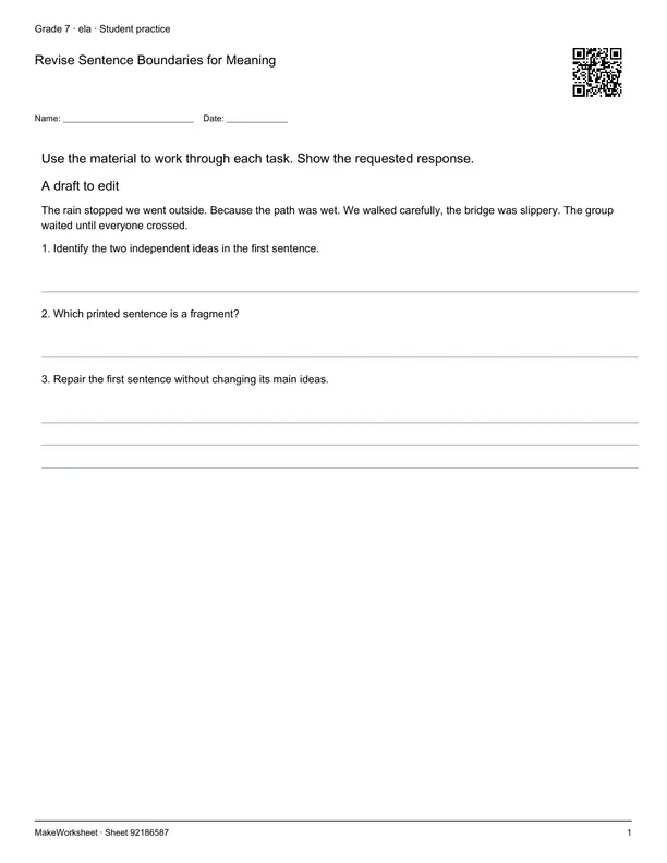 Revise Sentence Boundaries for Meaning: first student practice page