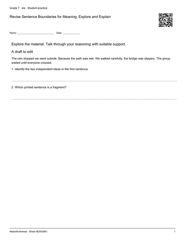 Revise Sentence Boundaries for Meaning: Explore and Explain: first student practice page