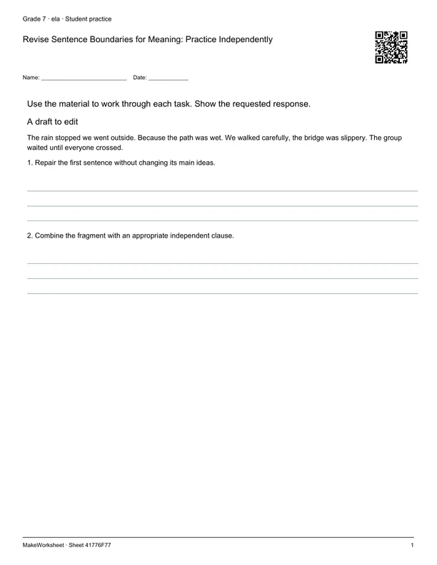Revise Sentence Boundaries for Meaning: Practice Independently: first student practice page