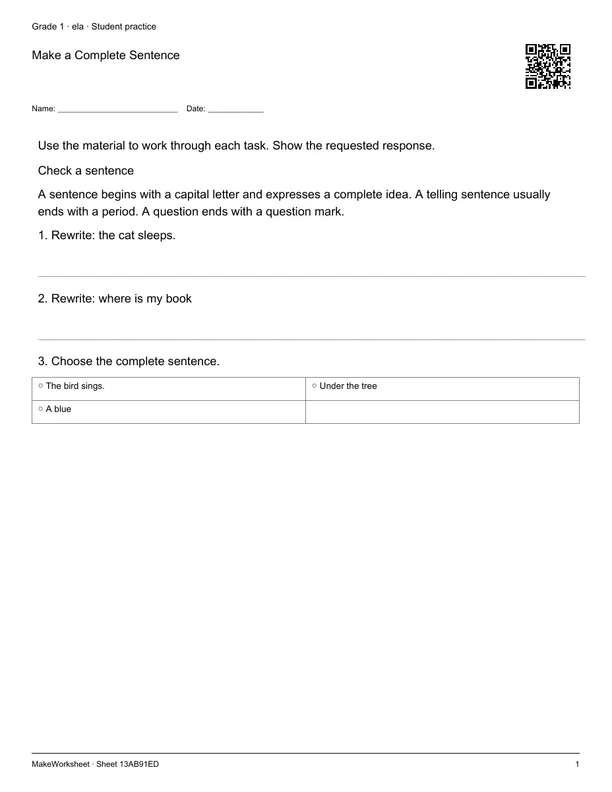 Make a Complete Sentence: first student practice page