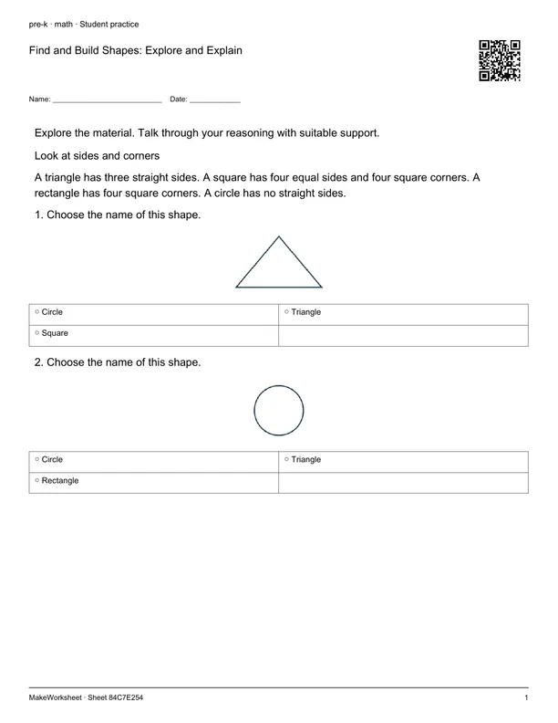 Find and Build Shapes: Explore and Explain: first student practice page