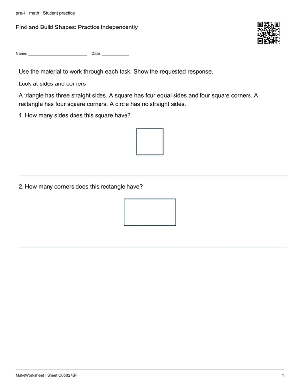 Find and Build Shapes: Practice Independently: first student practice page
