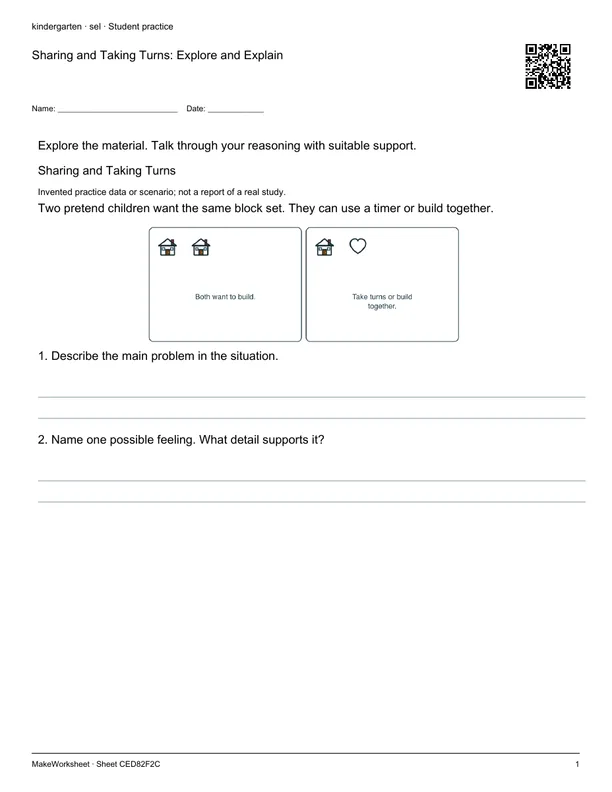 Sharing and Taking Turns: Explore and Explain: first student practice page