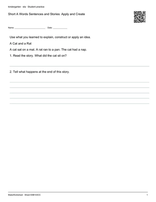 Short A Words Sentences and Stories: Apply and Create: first student practice page
