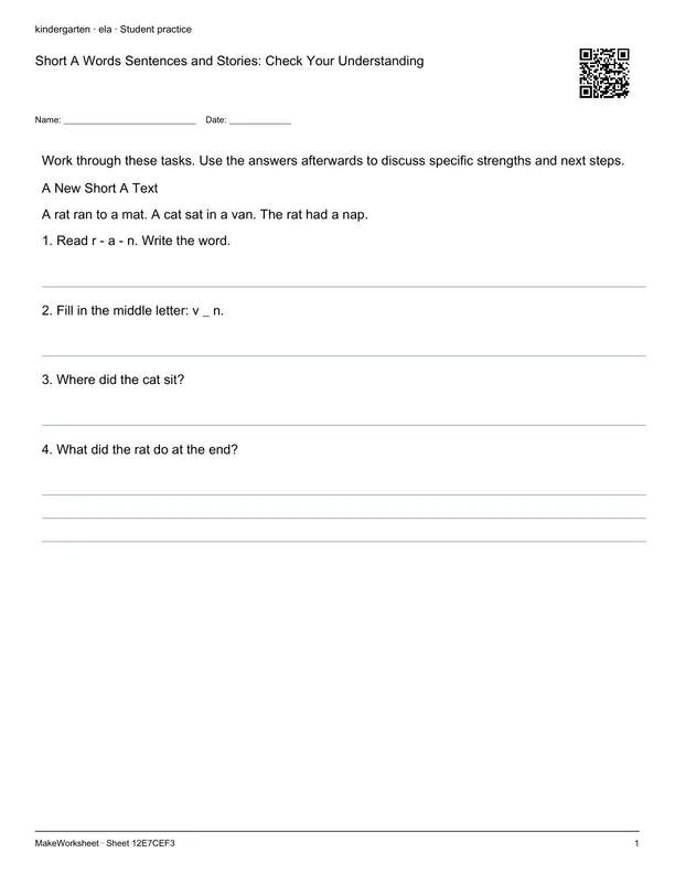 Short A Words Sentences and Stories: Check Your Understanding: first student practice page