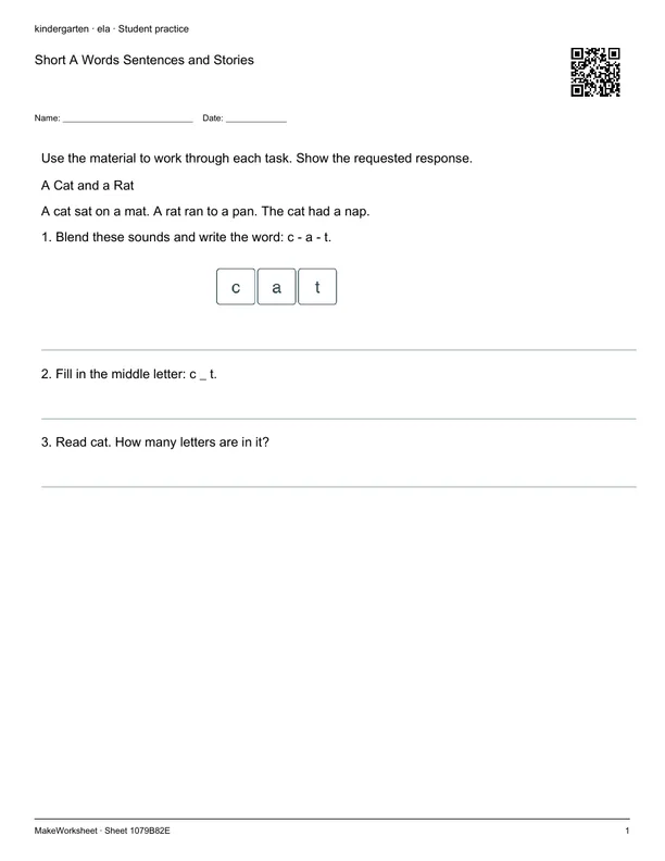 Short A Words Sentences and Stories: first student practice page