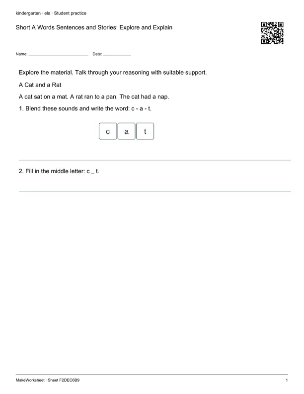 Short A Words Sentences and Stories: Explore and Explain: first student practice page