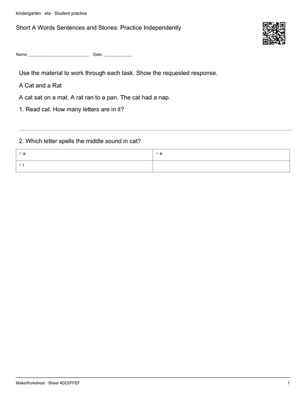 Short A Words Sentences and Stories: Practice Independently: first student practice page