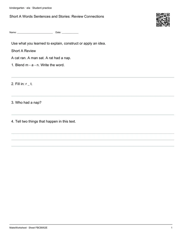 Short A Words Sentences and Stories: Review Connections: first student practice page