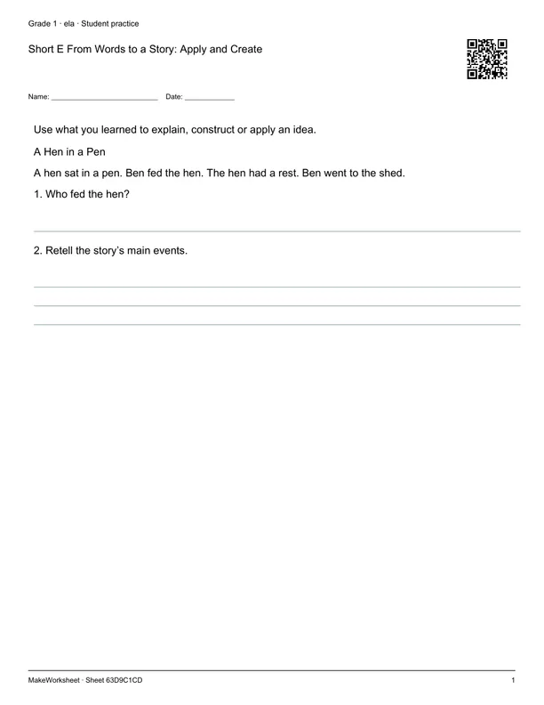 Short E From Words to a Story: Apply and Create: first student practice page