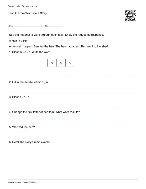 Short E From Words to a Story: first student practice page