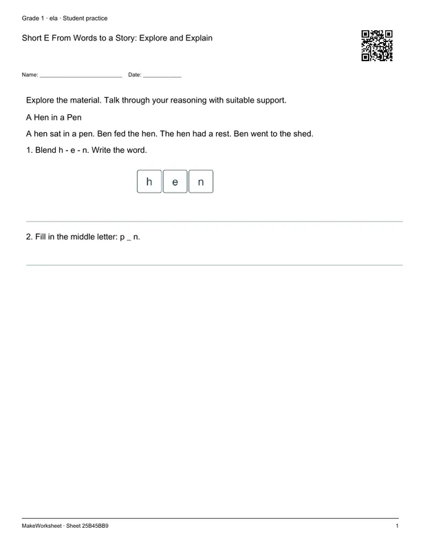 Short E From Words to a Story: Explore and Explain: first student practice page