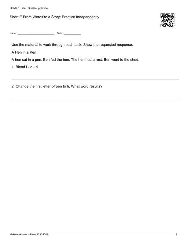 Short E From Words to a Story: Practice Independently: first student practice page