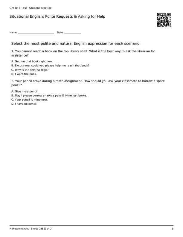 Situational English: Polite Requests & Asking for Help: first student practice page