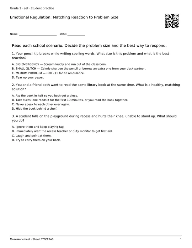 Emotional Regulation: Matching Reaction to Problem Size: first student practice page