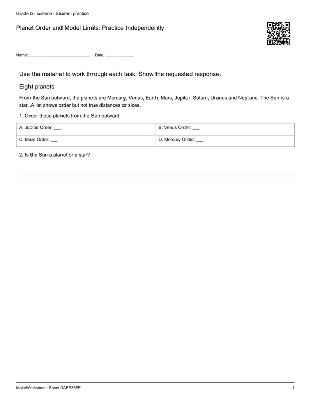 Planet Order and Model Limits: Practice Independently: first student practice page