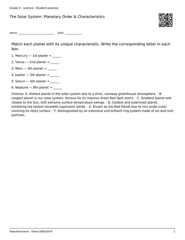 The Solar System: Planetary Order & Characteristics: first student practice page
