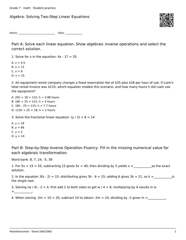 Algebra: Solving Two-Step Linear Equations: first student practice page
