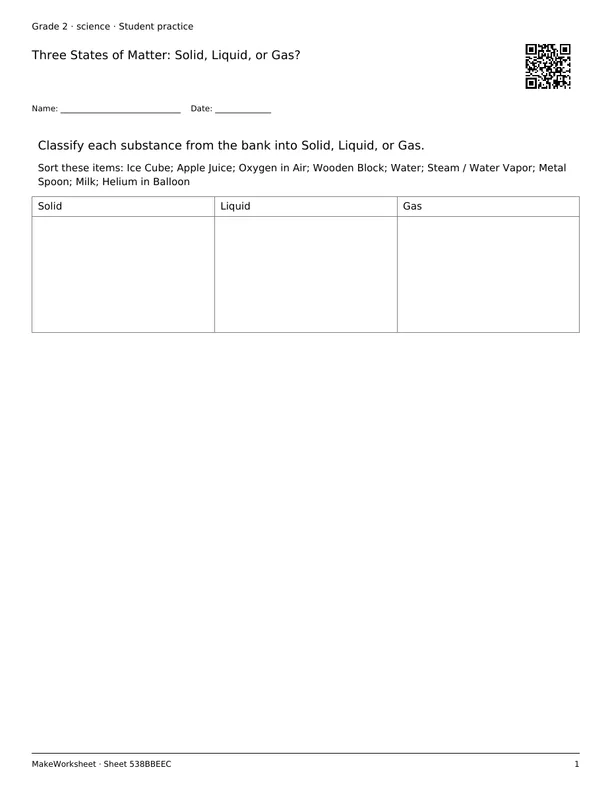 Three States of Matter: Solid, Liquid, or Gas?: first student practice page