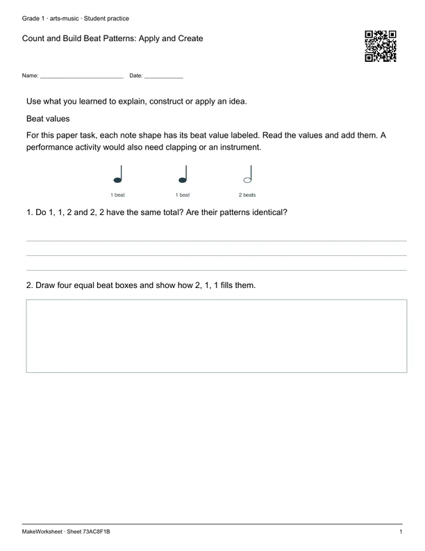 Count and Build Beat Patterns: Apply and Create: first student practice page