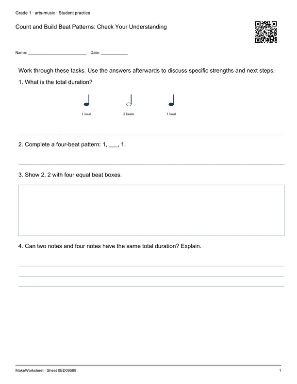 Count and Build Beat Patterns: Check Your Understanding: first student practice page