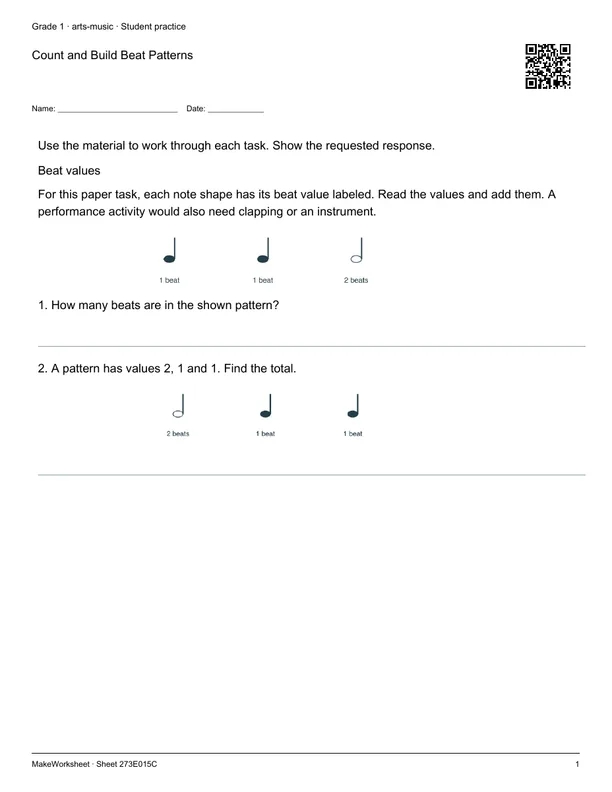 Count and Build Beat Patterns: first student practice page