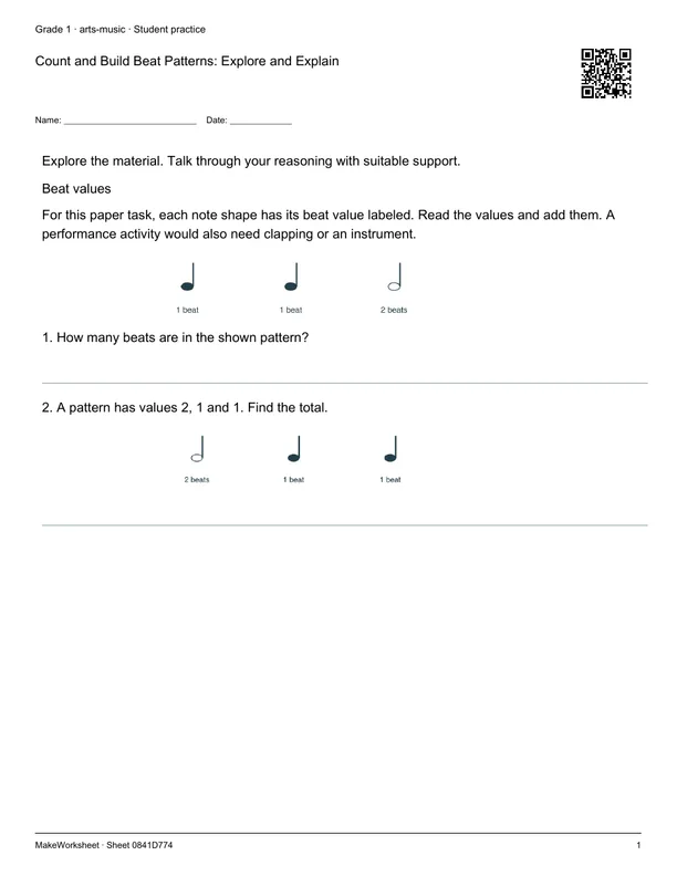 Count and Build Beat Patterns: Explore and Explain: first student practice page