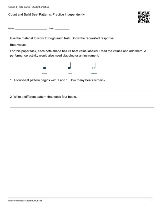 Count and Build Beat Patterns: Practice Independently: first student practice page