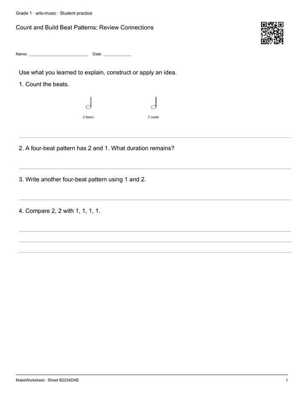 Count and Build Beat Patterns: Review Connections: first student practice page