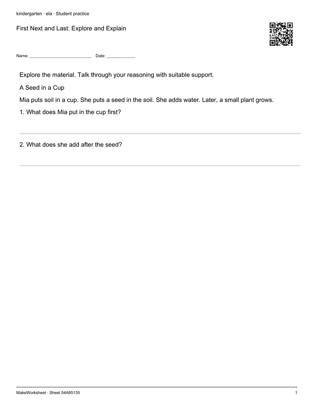 First Next and Last: Explore and Explain: first student practice page