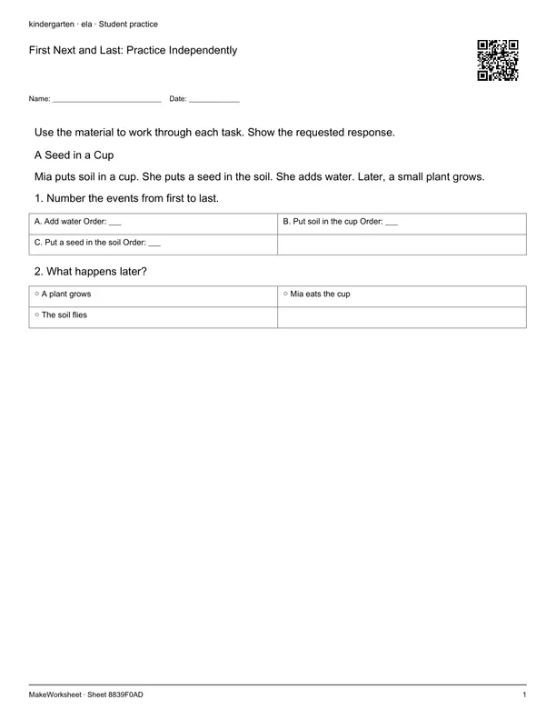 First Next and Last: Practice Independently: first student practice page