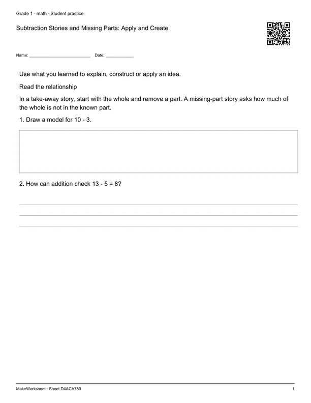 Subtraction Stories and Missing Parts: Apply and Create: first student practice page