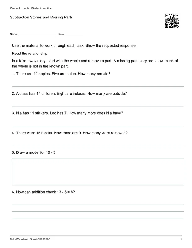 Subtraction Stories and Missing Parts: first student practice page
