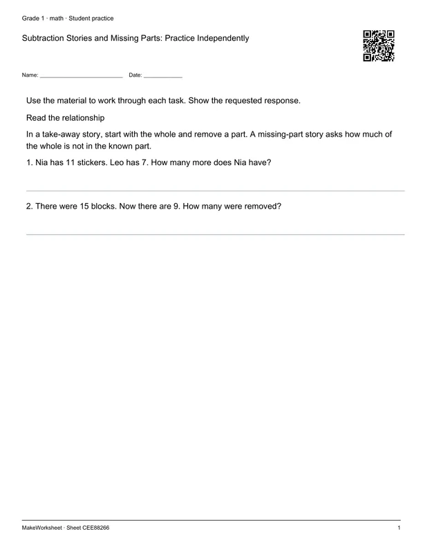 Subtraction Stories and Missing Parts: Practice Independently: first student practice page