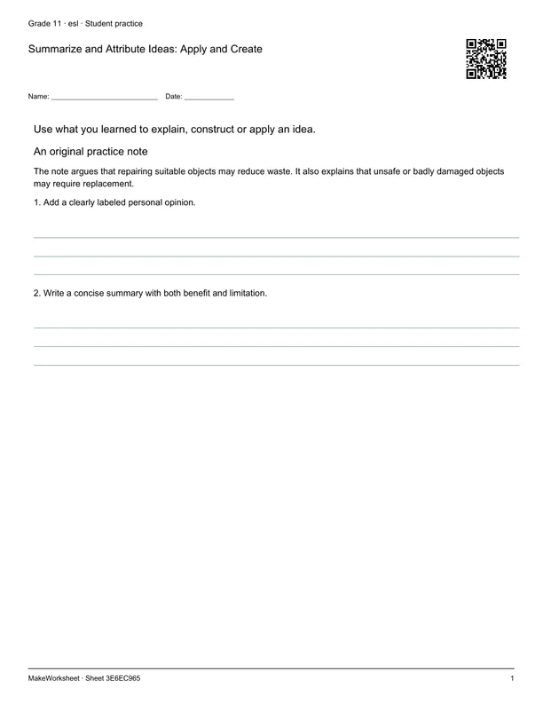 Summarize and Attribute Ideas: Apply and Create: first student practice page