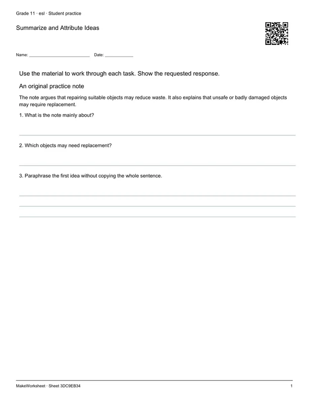 Summarize and Attribute Ideas: first student practice page