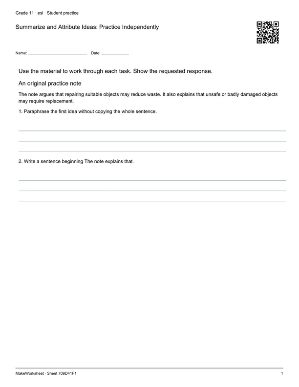 Summarize and Attribute Ideas: Practice Independently: first student practice page