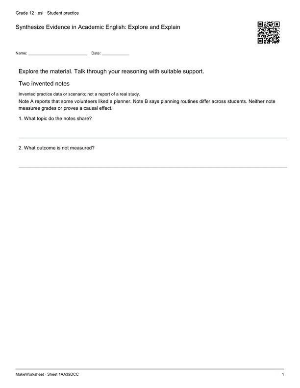 Synthesize Evidence in Academic English: Explore and Explain: first student practice page