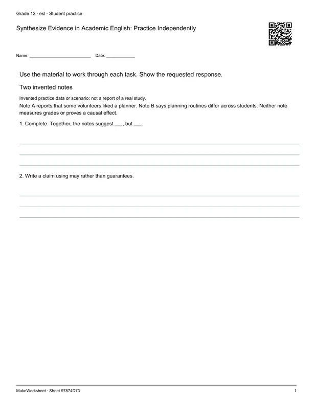 Synthesize Evidence in Academic English: Practice Independently: first student practice page