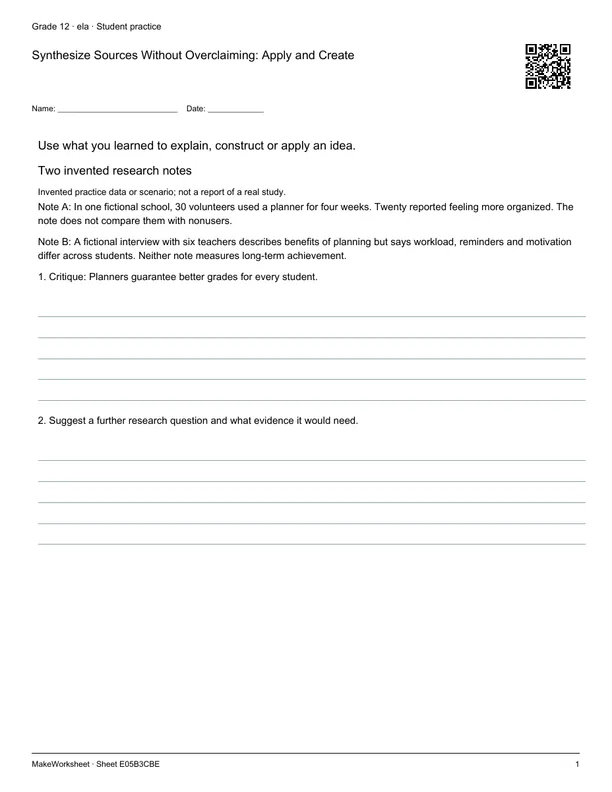 Synthesize Sources Without Overclaiming: Apply and Create: first student practice page