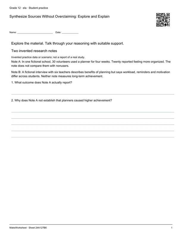 Synthesize Sources Without Overclaiming: Explore and Explain: first student practice page