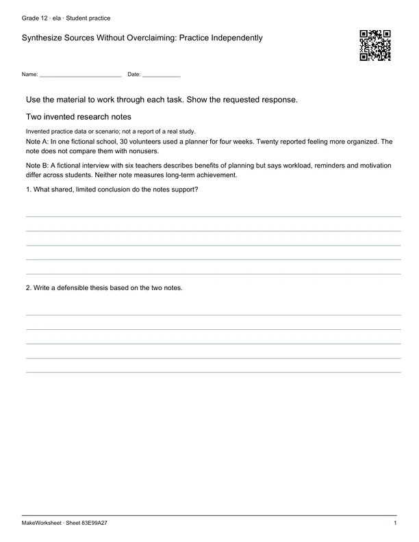 Synthesize Sources Without Overclaiming: Practice Independently: first student practice page