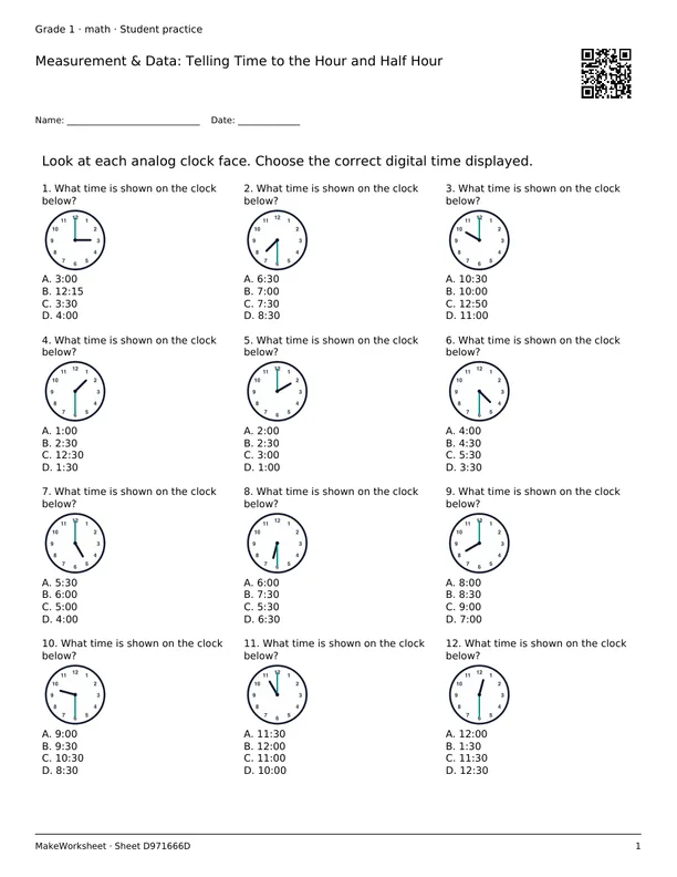 Measurement & Data: Telling Time to the Hour and Half Hour: first student practice page