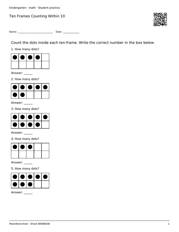 Ten Frames Counting Within 10: first student practice page
