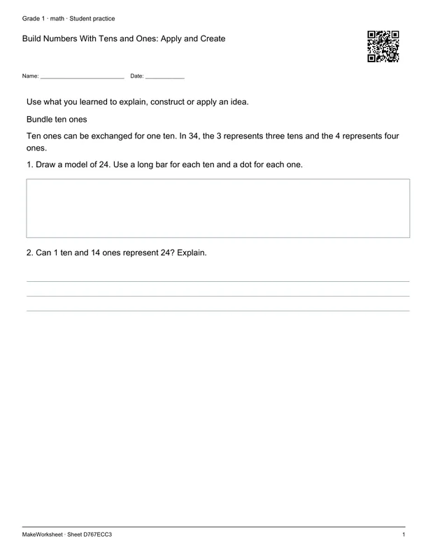 Build Numbers With Tens and Ones: Apply and Create: first student practice page