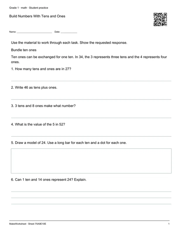 Build Numbers With Tens and Ones: first student practice page