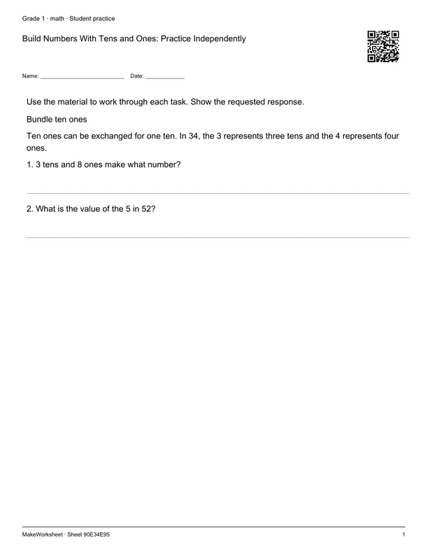 Build Numbers With Tens and Ones: Practice Independently: first student practice page