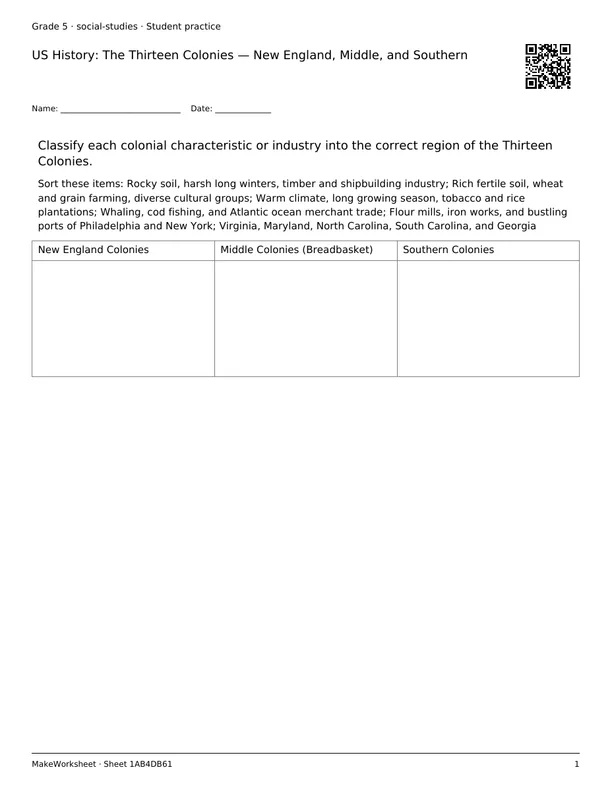 US History: The Thirteen Colonies — New England, Middle, and Southern: first student practice page
