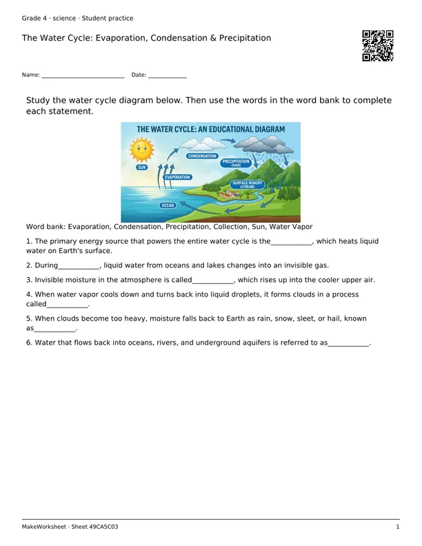 The Water Cycle: Evaporation, Condensation & Precipitation: first student practice page