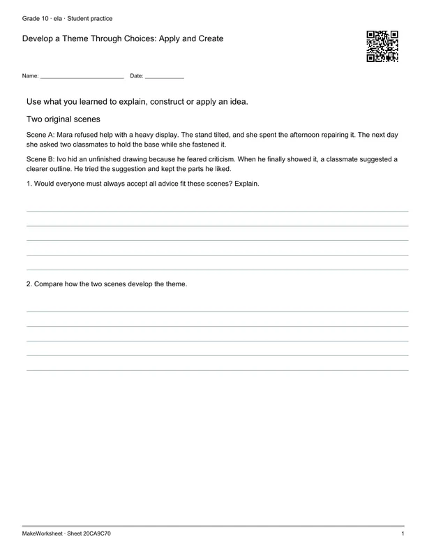 Develop a Theme Through Choices: Apply and Create: first student practice page